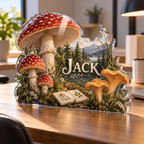 Artwork visualization: Mushroom field journal — home office backdrop, personalized JACK, subject-shaped acrylic with printed optical 3D depth; not carved relief.