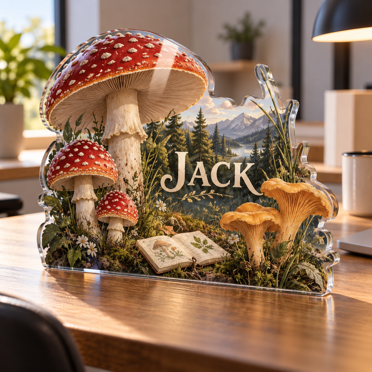 Artwork visualization: Mushroom field journal — home office backdrop, personalized JACK, subject-shaped acrylic with printed optical 3D depth; not carved relief.
