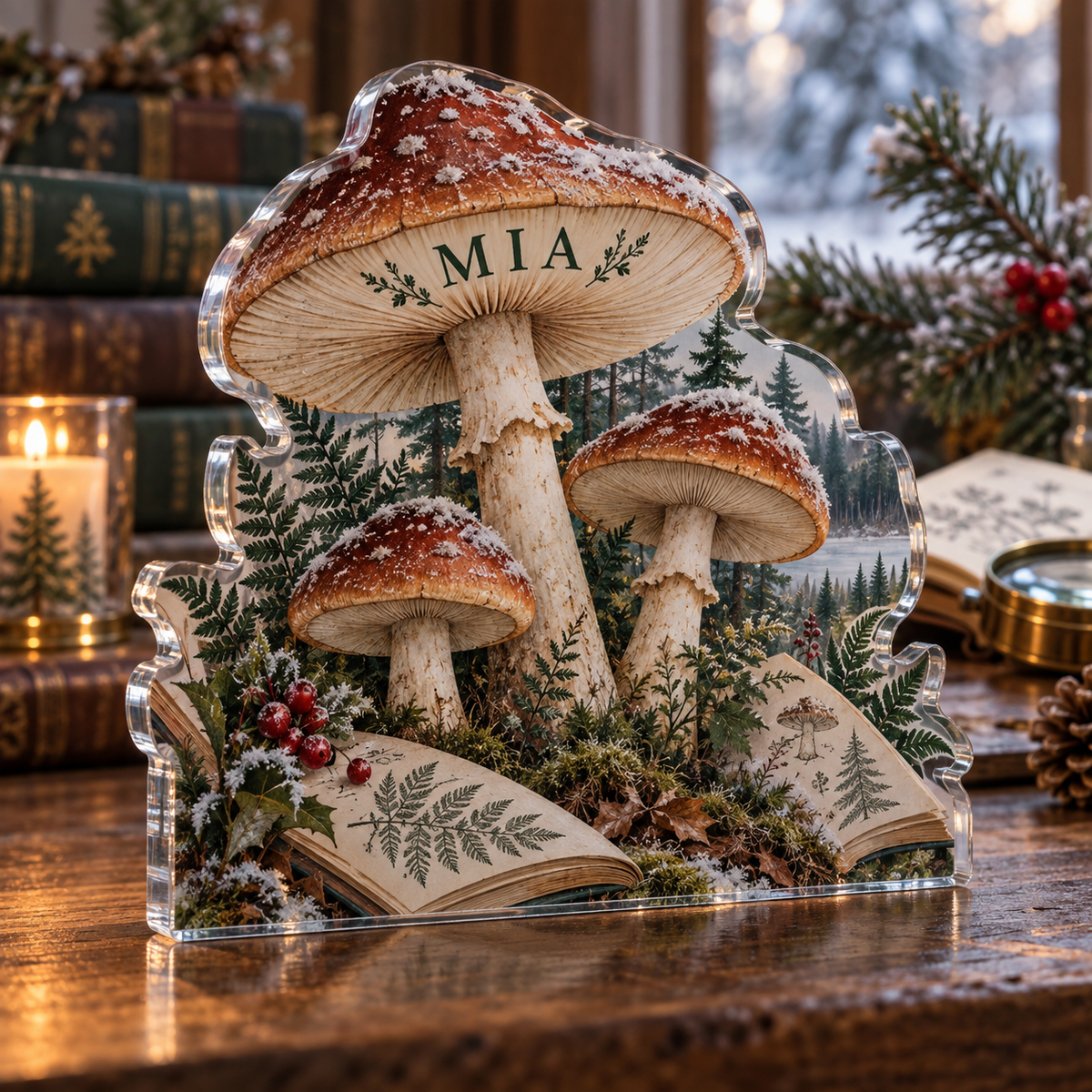 Artwork visualization: Mushroom field journal — quiet corner decoration, personalized MIA, subject-shaped acrylic with printed optical 3D depth; not carved relief.