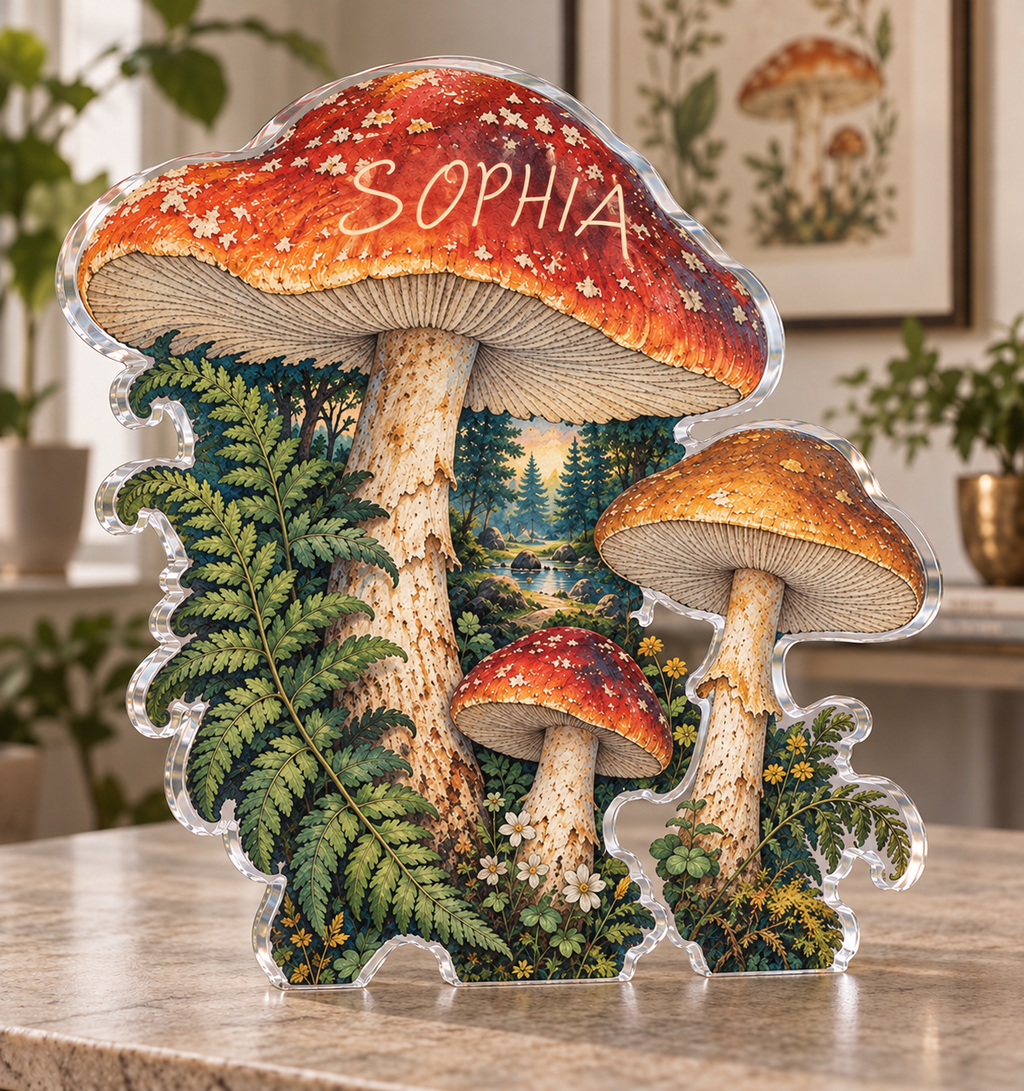 Personalized Mushroom Field Journal — Apartment Gallery Wall acrylic plaque with an example name set into the artwork, digital preview