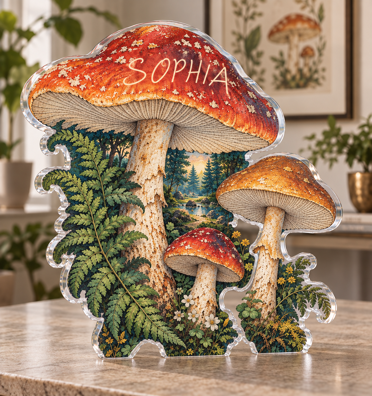 Personalized Mushroom Field Journal — Apartment Gallery Wall acrylic plaque with an example name set into the artwork, digital preview