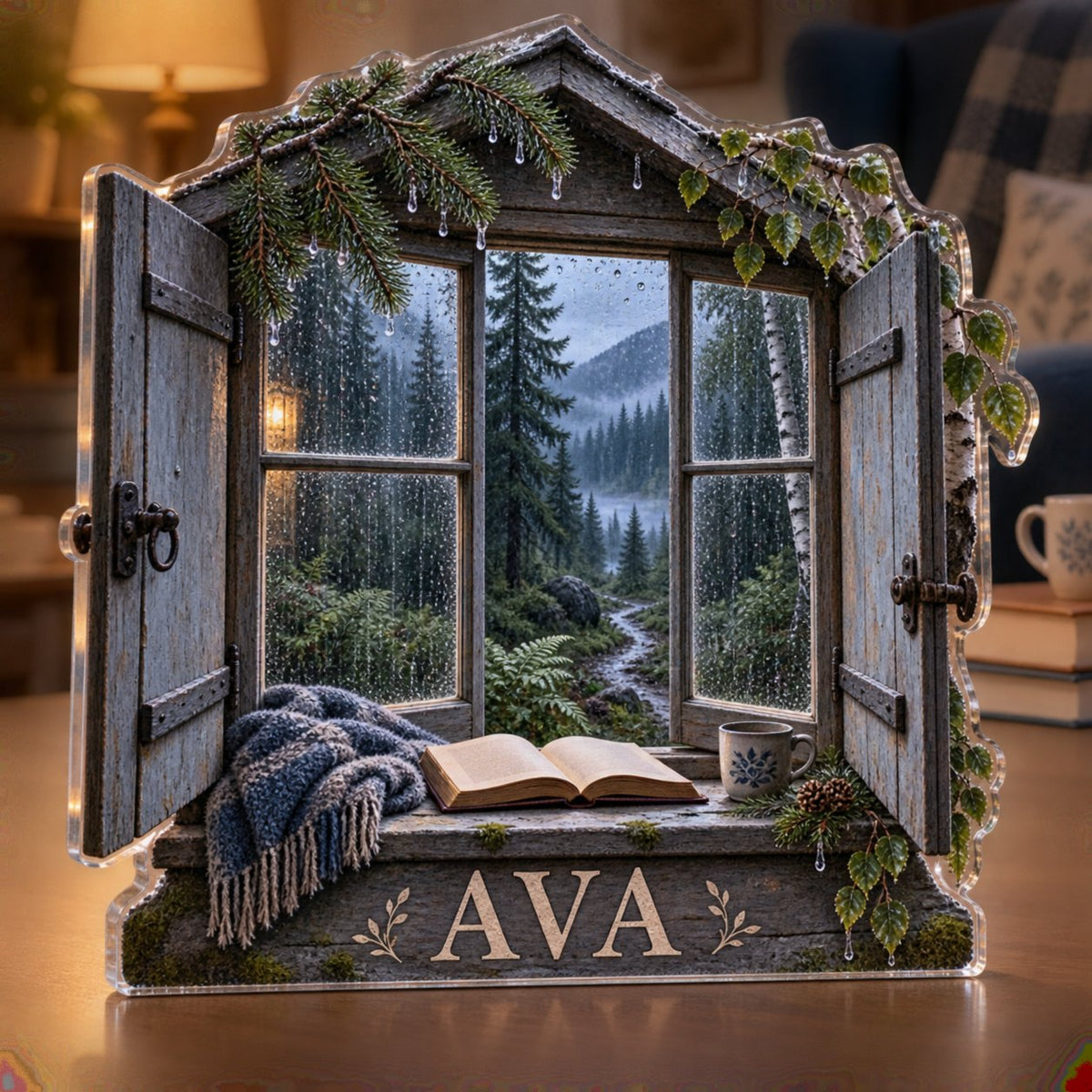 Personalized Rainy Forest Window Reading Nook Decor custom shape acrylic plaque with an example name set into the artwork, digital preview