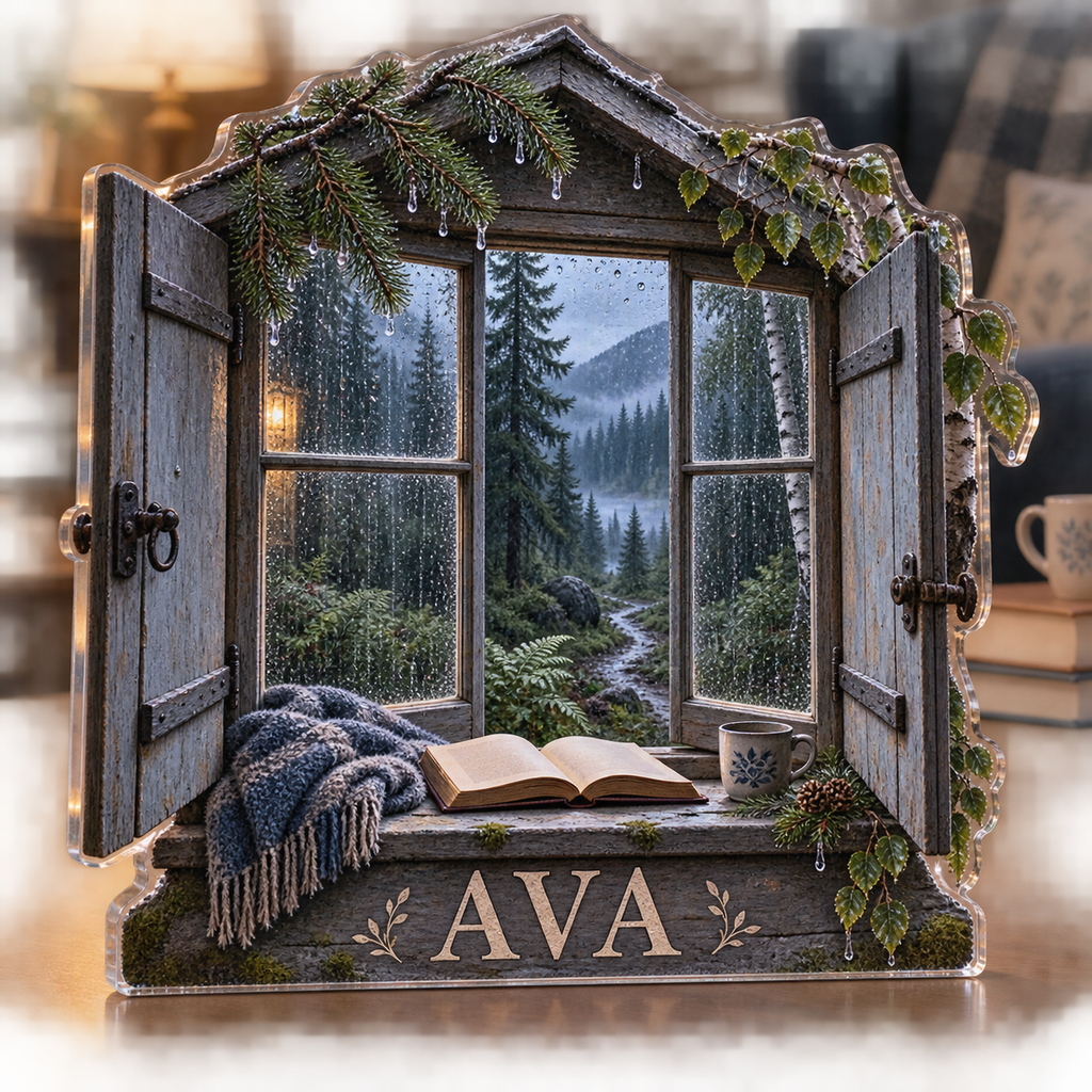Artwork visualization: Rainy forest window — reading nook decor, personalized AVA, subject-shaped acrylic with printed optical 3D depth; not carved relief.