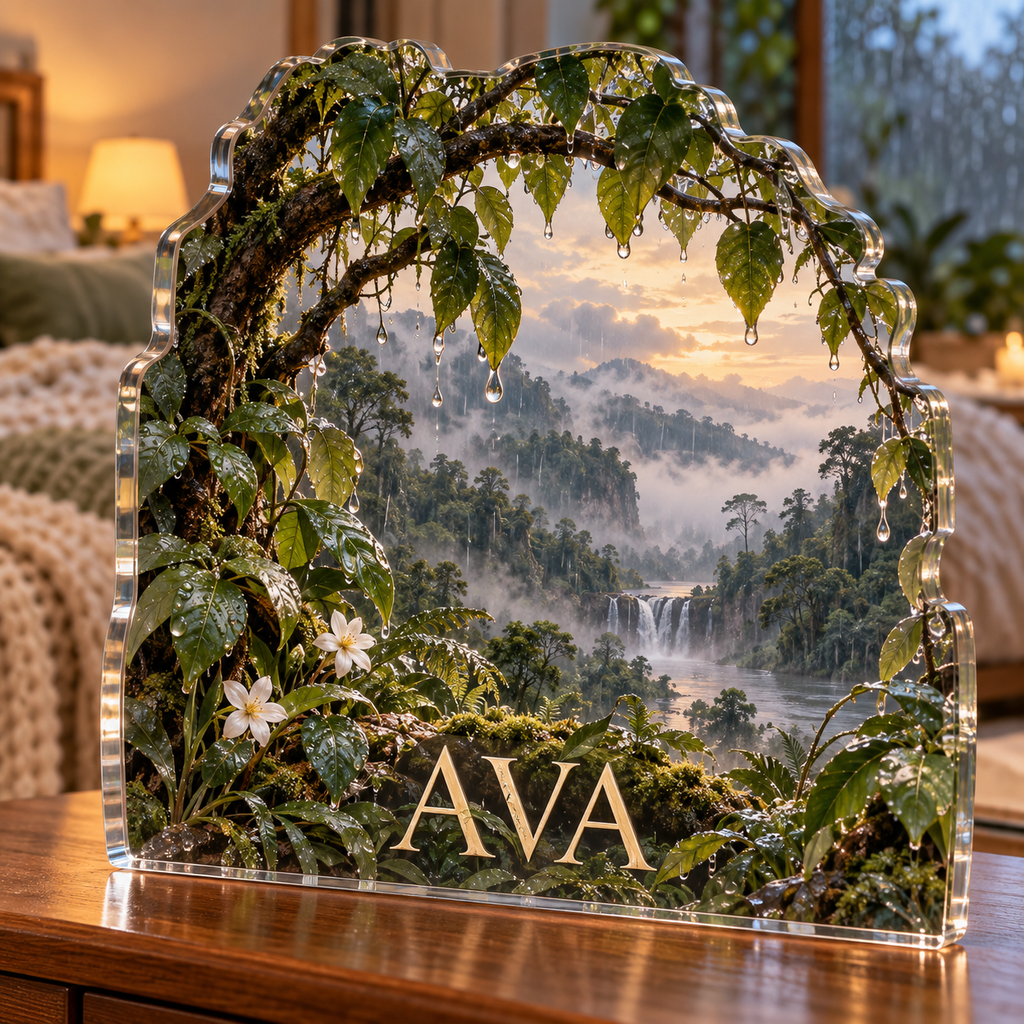 Artwork visualization: Rainy forest window — bedroom statement decor, personalized AVA, subject-shaped acrylic with printed optical 3D depth; not carved relief.