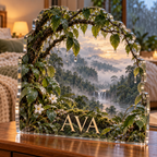 Artwork visualization: Rainy forest window — bedroom statement decor, personalized AVA, subject-shaped acrylic with printed optical 3D depth; not carved relief.