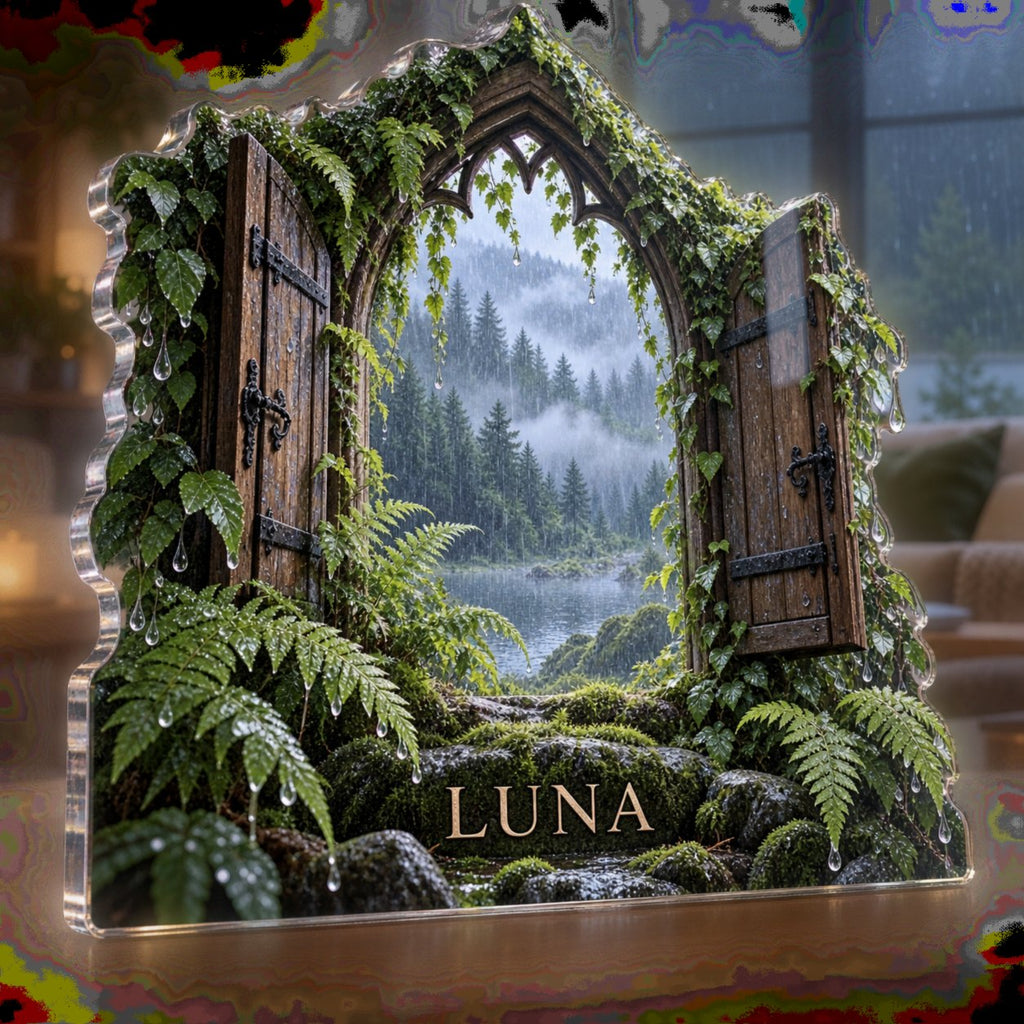 Personalized Rainy Forest Window Living Room Focal Point custom shape acrylic plaque with an example name set into the artwork, digital preview