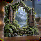 Personalized Rainy Forest Window Living Room Focal Point custom shape acrylic plaque with an example name set into the artwork, digital preview