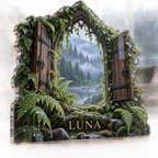 Artwork visualization: Rainy forest window — living room focal point, personalized LUNA, subject-shaped acrylic with printed optical 3D depth; not carved relief.