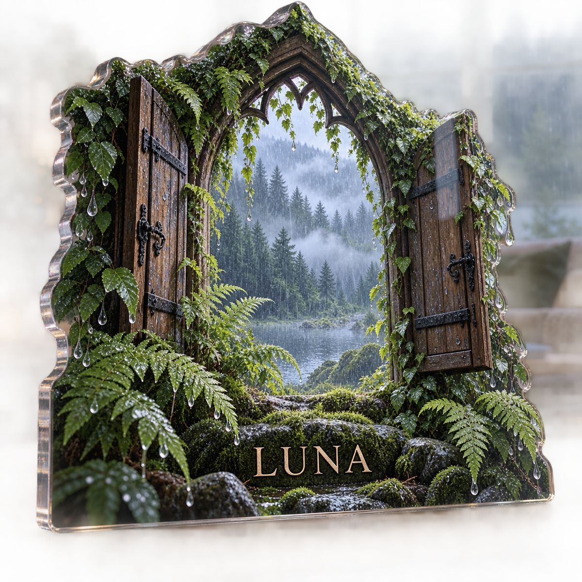 Artwork visualization: Rainy forest window — living room focal point, personalized LUNA, subject-shaped acrylic with printed optical 3D depth; not carved relief.
