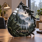 Artwork visualization: Rainy forest window — home office backdrop, personalized SOPHIA, subject-shaped acrylic with printed optical 3D depth; not carved relief.