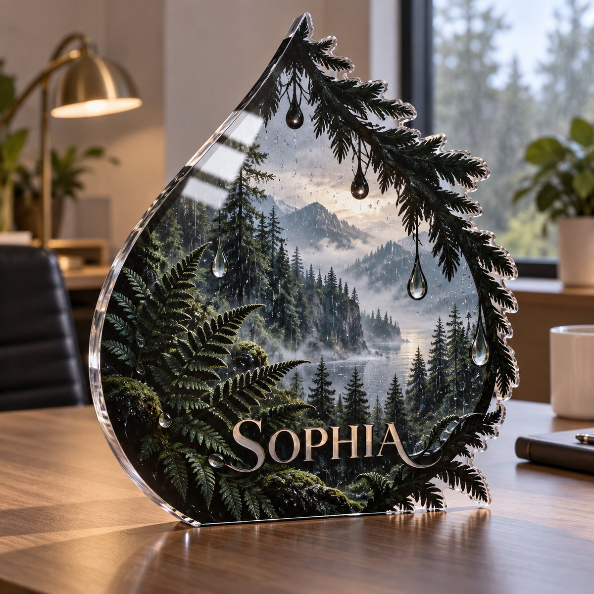 Artwork visualization: Rainy forest window — home office backdrop, personalized SOPHIA, subject-shaped acrylic with printed optical 3D depth; not carved relief.