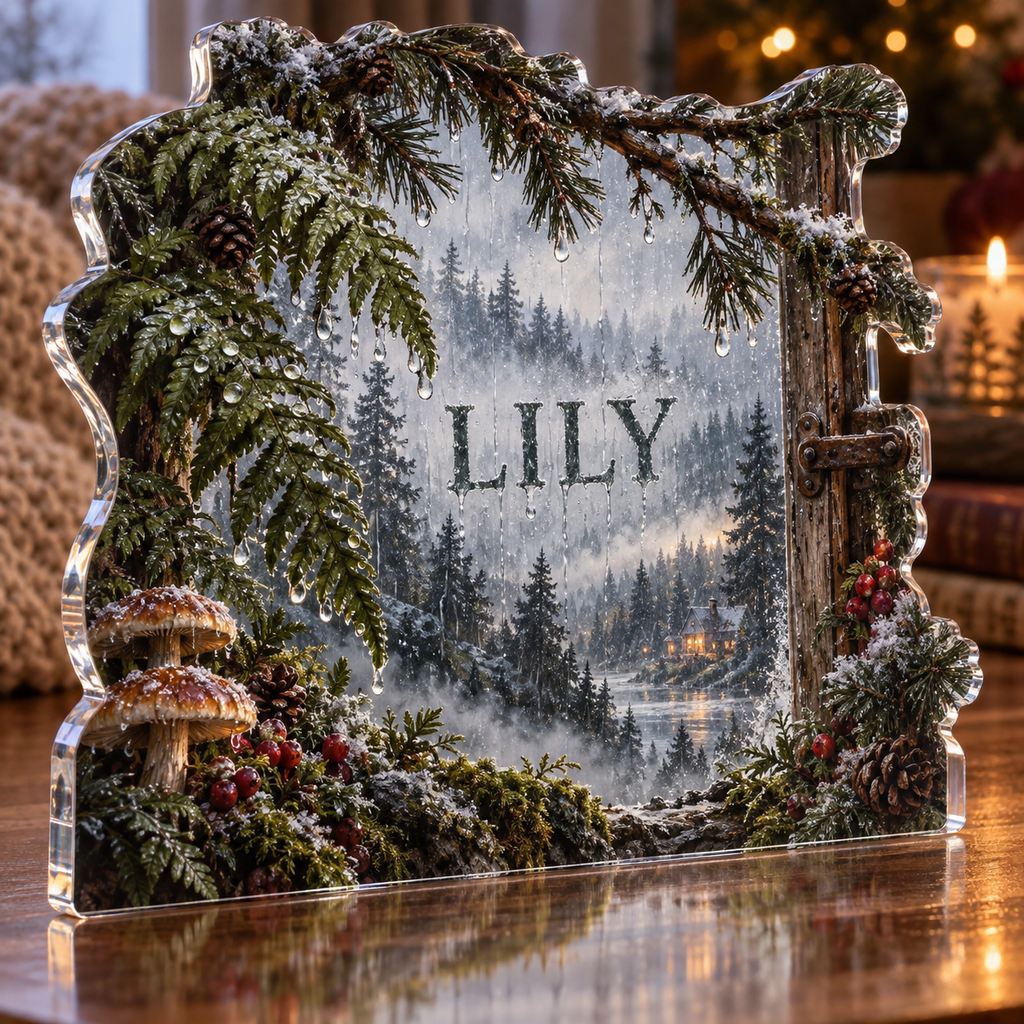 Artwork visualization: Rainy forest window — quiet corner decoration, personalized LILY, subject-shaped acrylic with printed optical 3D depth; not carved relief.