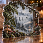 Artwork visualization: Rainy forest window — quiet corner decoration, personalized LILY, subject-shaped acrylic with printed optical 3D depth; not carved relief.