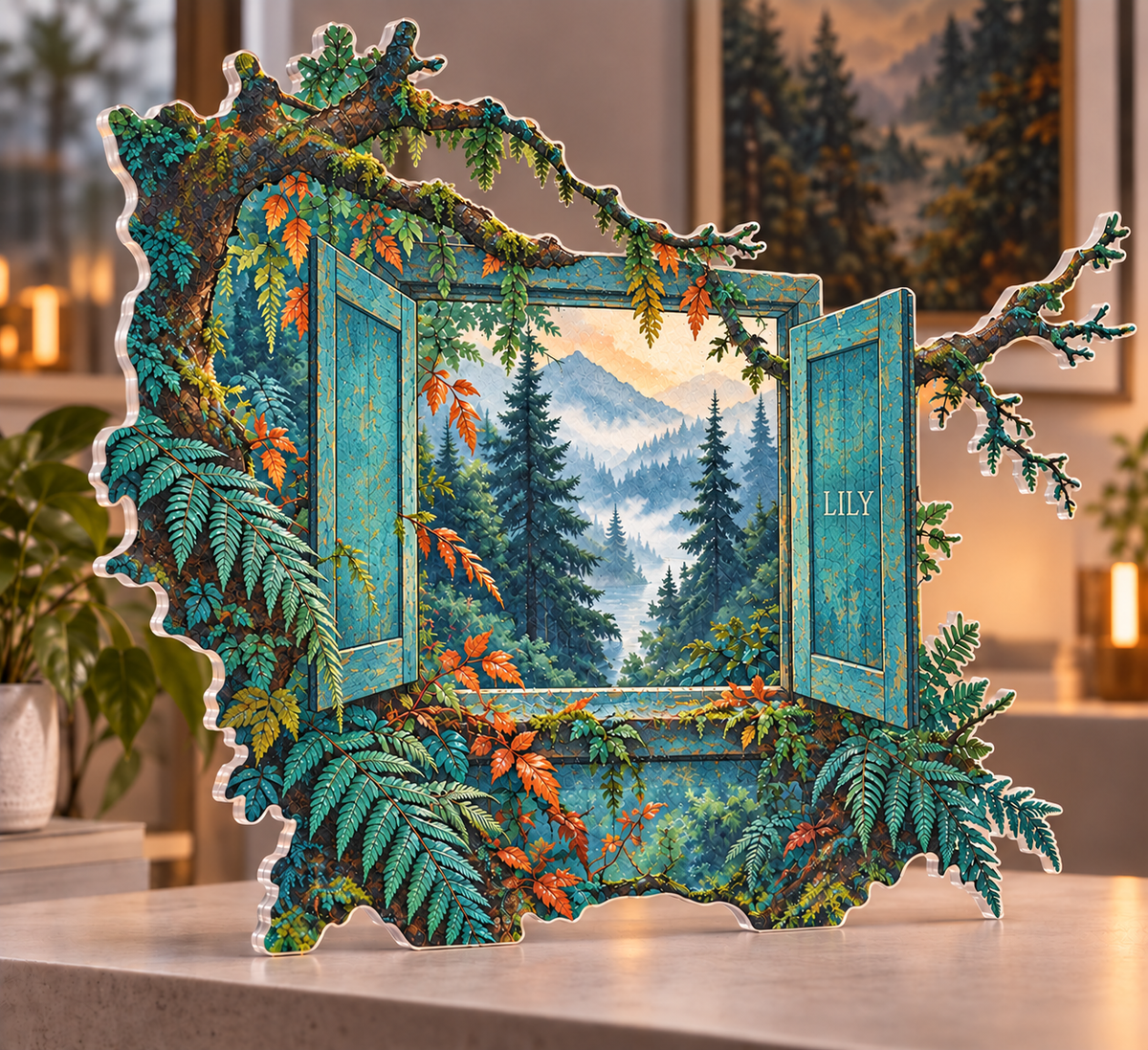 Personalized Rainy Forest Window — Apartment Gallery Wall acrylic plaque with an example name set into the artwork, digital preview