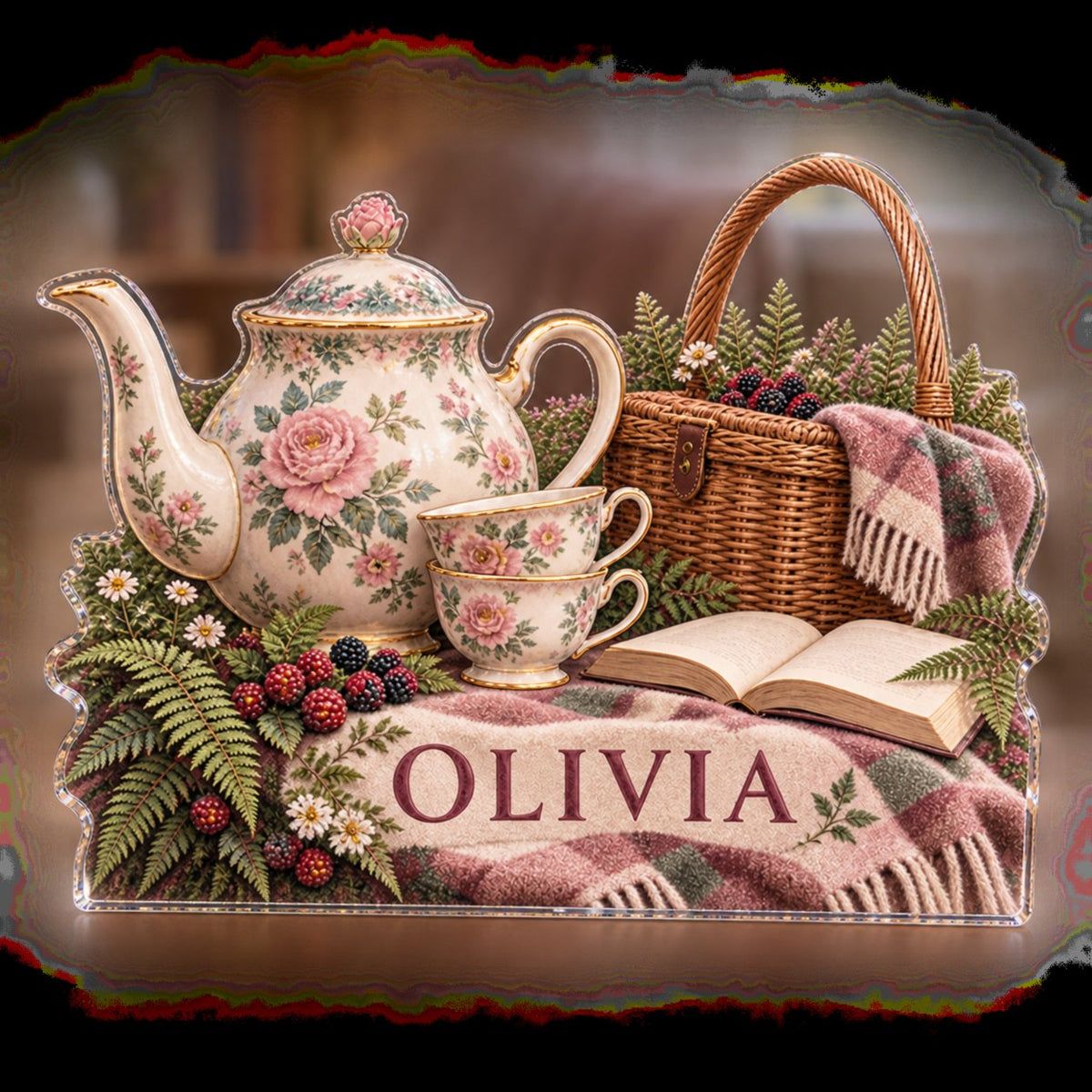 Personalized Woodland Tea Picnic Reading Nook Decor custom shape acrylic plaque with an example name set into the artwork, digital preview
