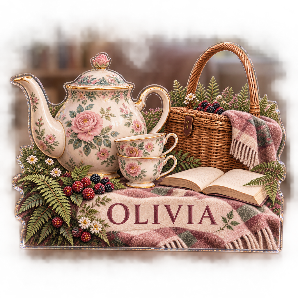 Artwork visualization: Woodland tea picnic — reading nook decor, personalized OLIVIA, subject-shaped acrylic with printed optical 3D depth; not carved relief.