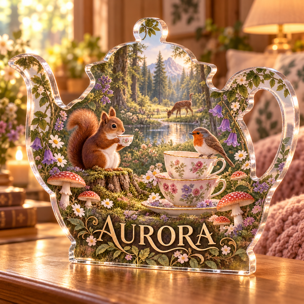 Artwork visualization: Woodland tea picnic — bedroom statement decor, personalized AURORA, subject-shaped acrylic with printed optical 3D depth; not carved relief.