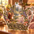 Artwork visualization: Woodland tea picnic — bedroom statement decor, personalized AURORA, subject-shaped acrylic with printed optical 3D depth; not carved relief.