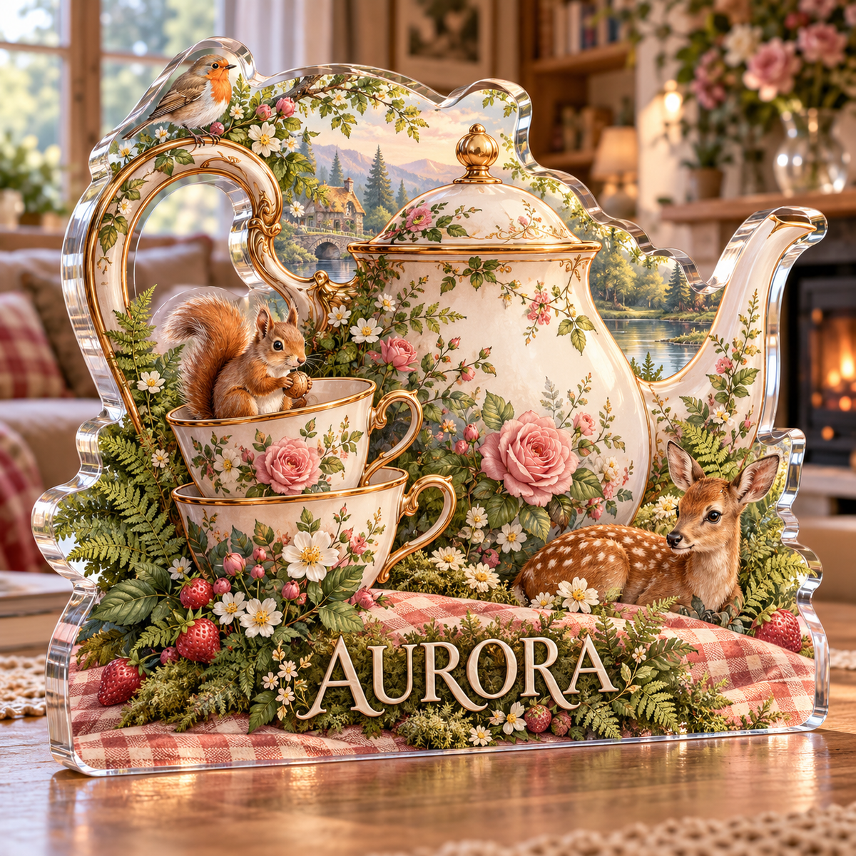 Artwork visualization: Woodland tea picnic — living room focal point, personalized AURORA, subject-shaped acrylic with printed optical 3D depth; not carved relief.