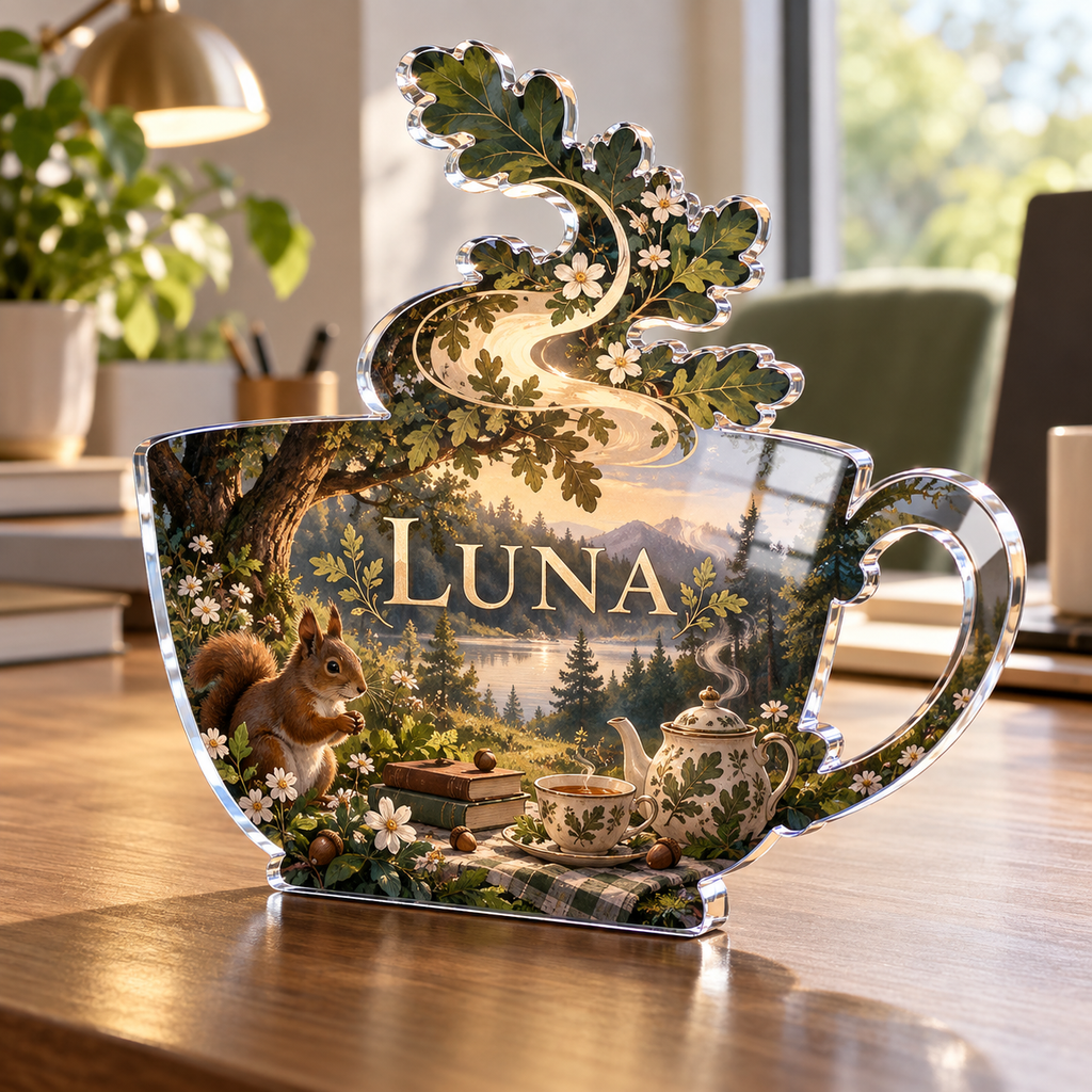 Artwork visualization: Woodland tea picnic — home office backdrop, personalized LUNA, subject-shaped acrylic with printed optical 3D depth; not carved relief.