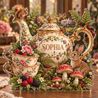 Artwork visualization: Woodland tea picnic — collector birthday keepsake, personalized SOPHIA, subject-shaped acrylic with printed optical 3D depth; not carved relief.