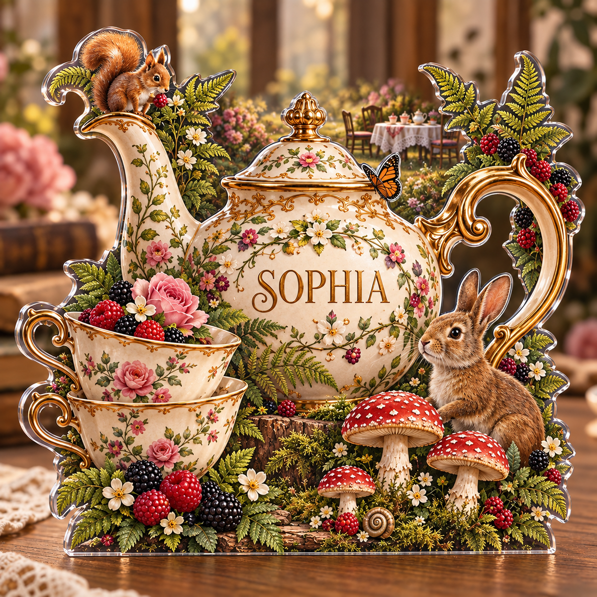 Artwork visualization: Woodland tea picnic — collector birthday keepsake, personalized SOPHIA, subject-shaped acrylic with printed optical 3D depth; not carved relief.