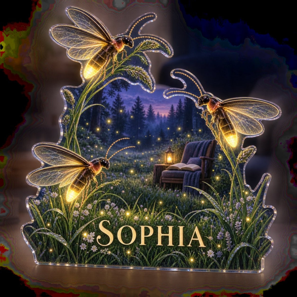 Personalized Firefly Clearing Reading Nook Decor custom shape acrylic plaque with an example name set into the artwork, digital preview