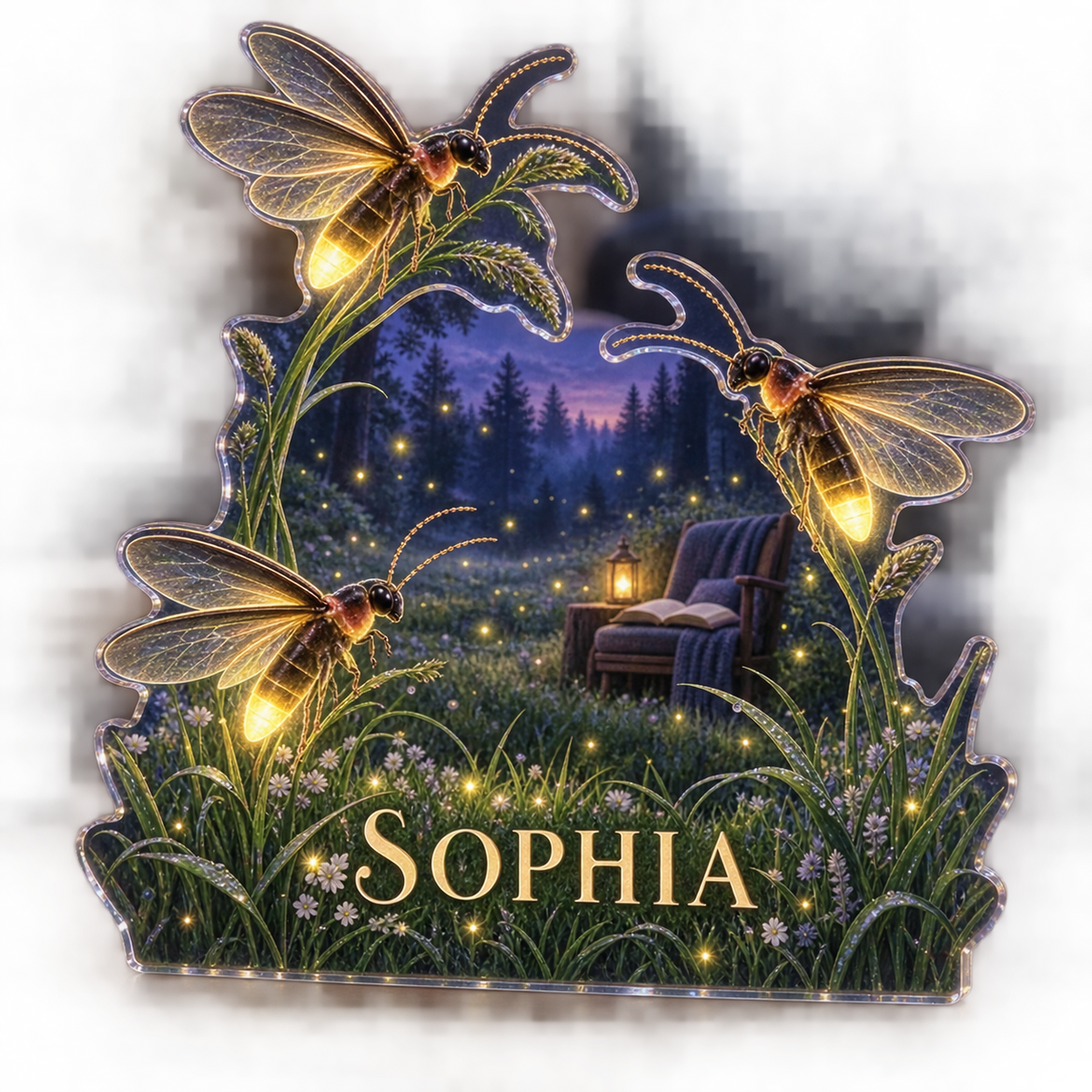 Artwork visualization: Firefly clearing — reading nook decor, personalized SOPHIA, subject-shaped acrylic with printed optical 3D depth; not carved relief.
