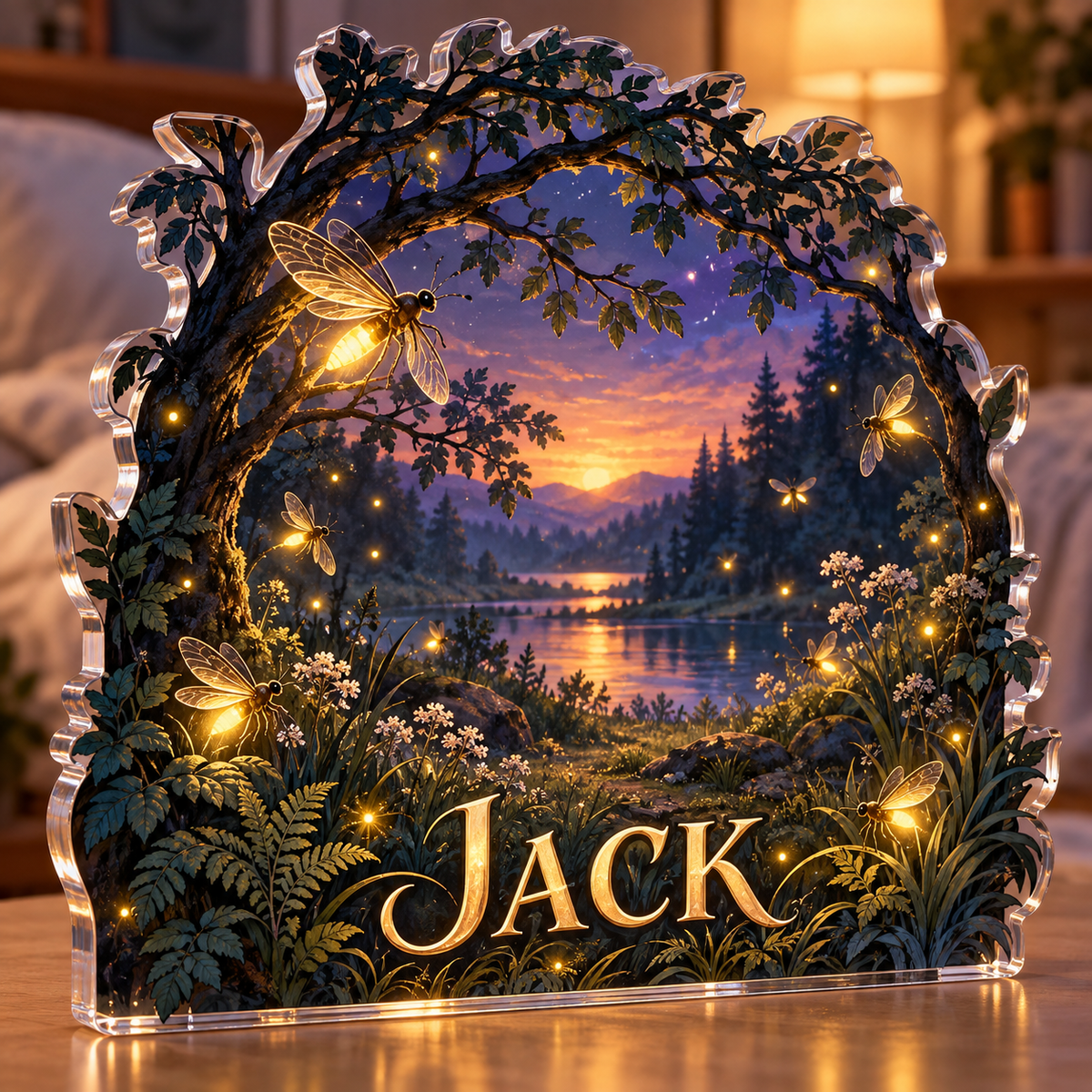 Artwork visualization: Firefly clearing — bedroom statement decor, personalized JACK, subject-shaped acrylic with printed optical 3D depth; not carved relief.