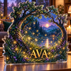 Artwork visualization: Firefly clearing — living room focal point, personalized AVA, subject-shaped acrylic with printed optical 3D depth; not carved relief.