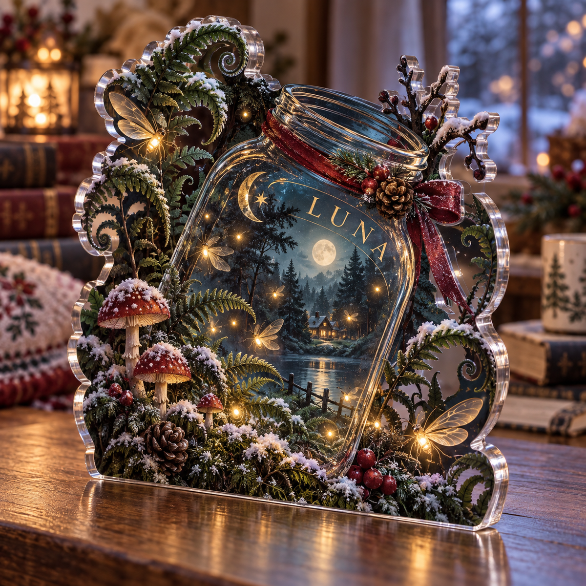 Artwork visualization: Firefly clearing — quiet corner decoration, personalized LUNA, subject-shaped acrylic with printed optical 3D depth; not carved relief.