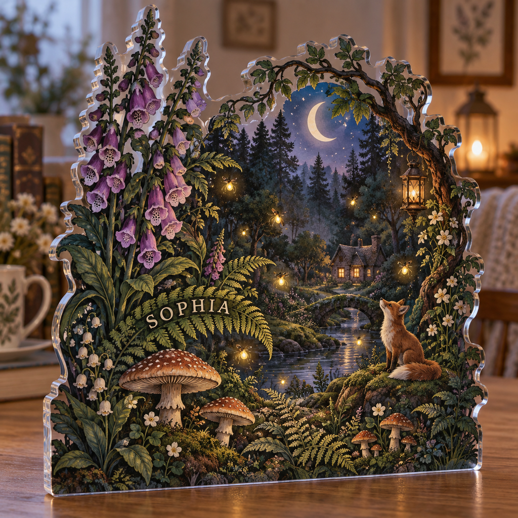 Artwork visualization: Firefly clearing — collector birthday keepsake, personalized SOPHIA, subject-shaped acrylic with printed optical 3D depth; not carved relief.