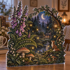 Artwork visualization: Firefly clearing — collector birthday keepsake, personalized SOPHIA, subject-shaped acrylic with printed optical 3D depth; not carved relief.