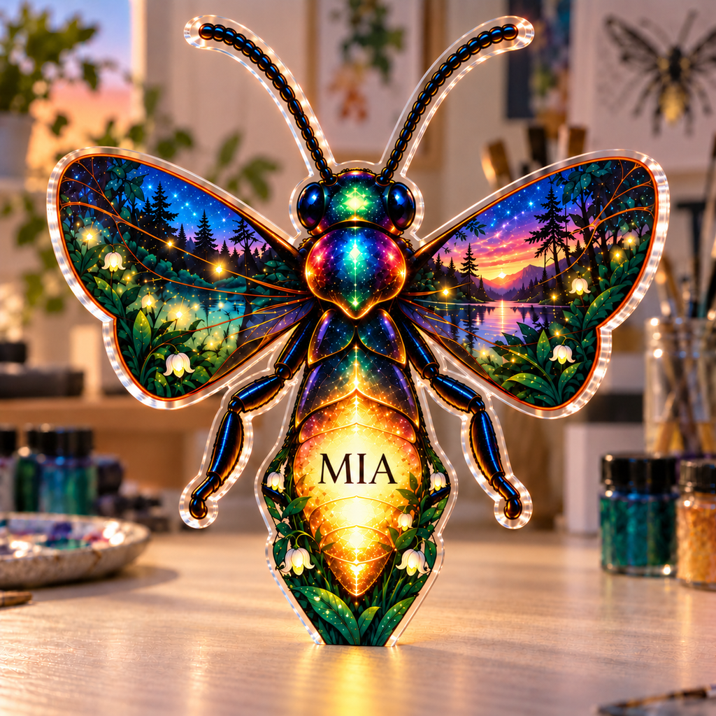 Personalized Firefly Clearing — Hobby Studio Identity acrylic plaque with an example name set into the artwork, digital preview