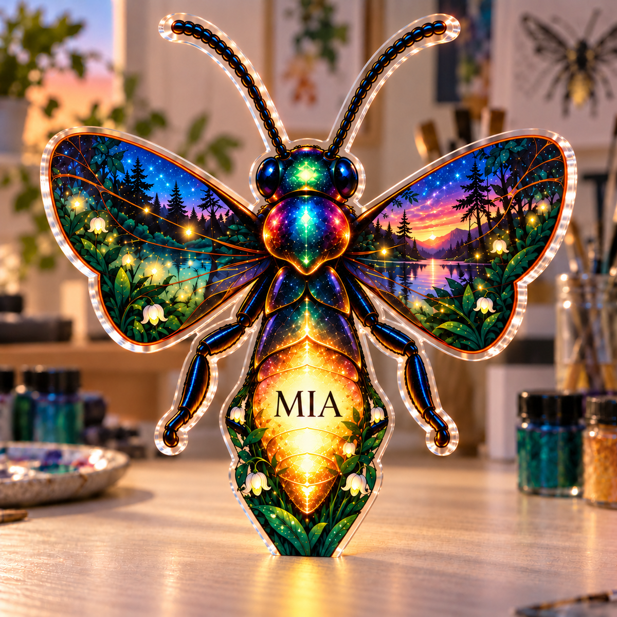 Personalized Firefly Clearing — Hobby Studio Identity acrylic plaque with an example name set into the artwork, digital preview