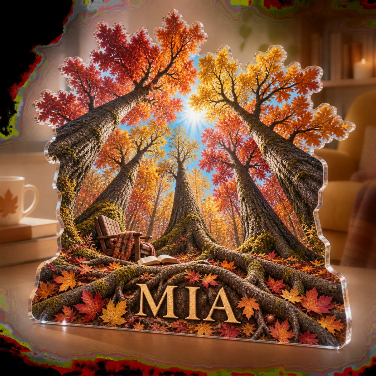 Personalized Autumn Forest Canopy Reading Nook Decor custom shape acrylic plaque with an example name set into the artwork, digital preview