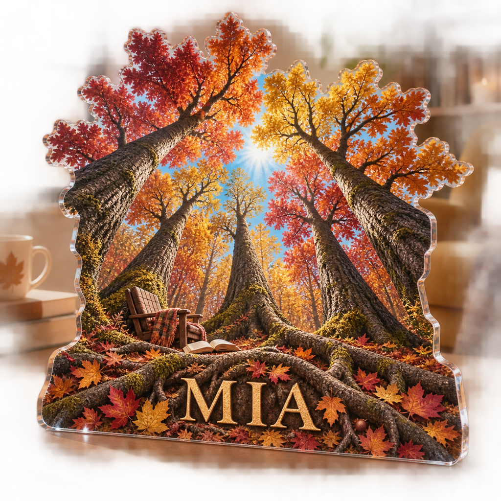 Artwork visualization: Autumn forest canopy — reading nook decor, personalized MIA, subject-shaped acrylic with printed optical 3D depth; not carved relief.