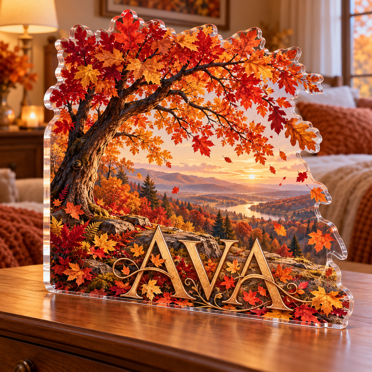 Artwork visualization: Autumn forest canopy — bedroom statement decor, personalized AVA, subject-shaped acrylic with printed optical 3D depth; not carved relief.