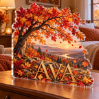 Artwork visualization: Autumn forest canopy — bedroom statement decor, personalized AVA, subject-shaped acrylic with printed optical 3D depth; not carved relief.