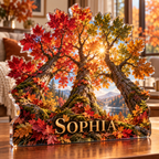 Artwork visualization: Autumn forest canopy — living room focal point, personalized SOPHIA, subject-shaped acrylic with printed optical 3D depth; not carved relief.