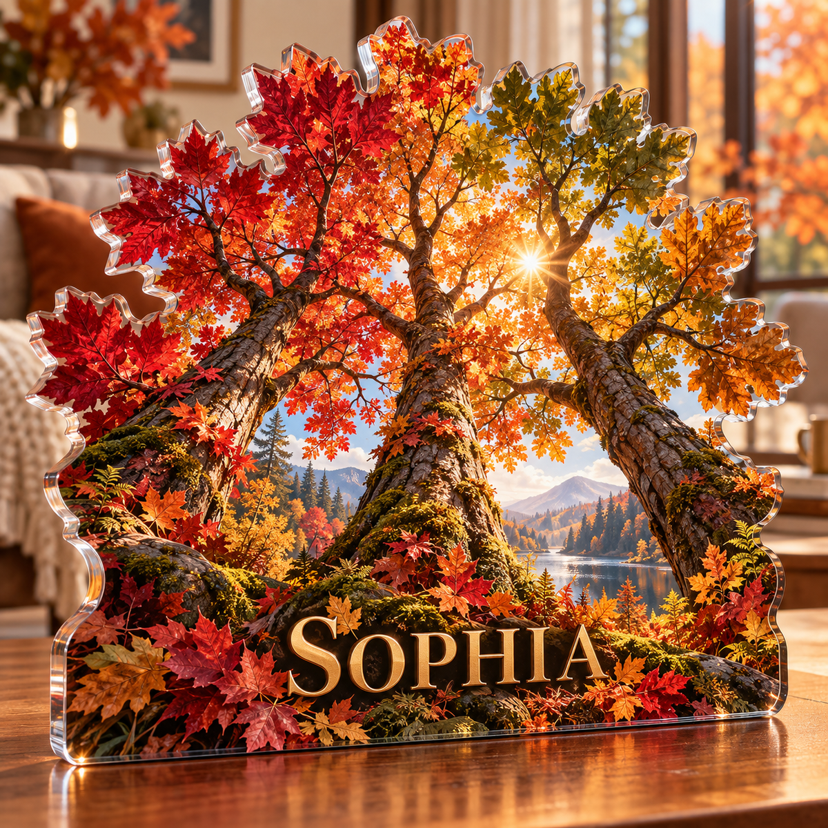 Artwork visualization: Autumn forest canopy — living room focal point, personalized SOPHIA, subject-shaped acrylic with printed optical 3D depth; not carved relief.