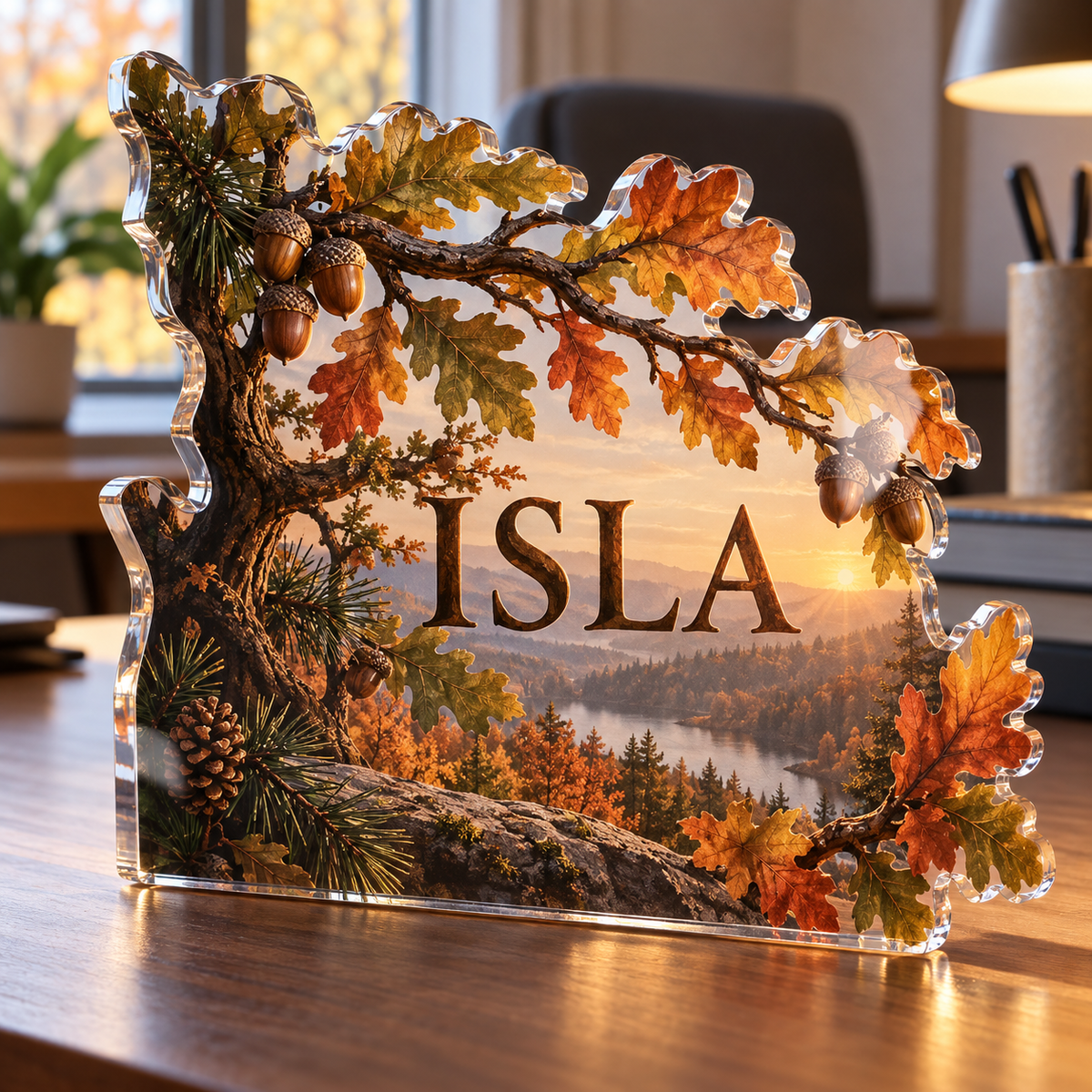 Artwork visualization: Autumn forest canopy — home office backdrop, personalized ISLA, subject-shaped acrylic with printed optical 3D depth; not carved relief.
