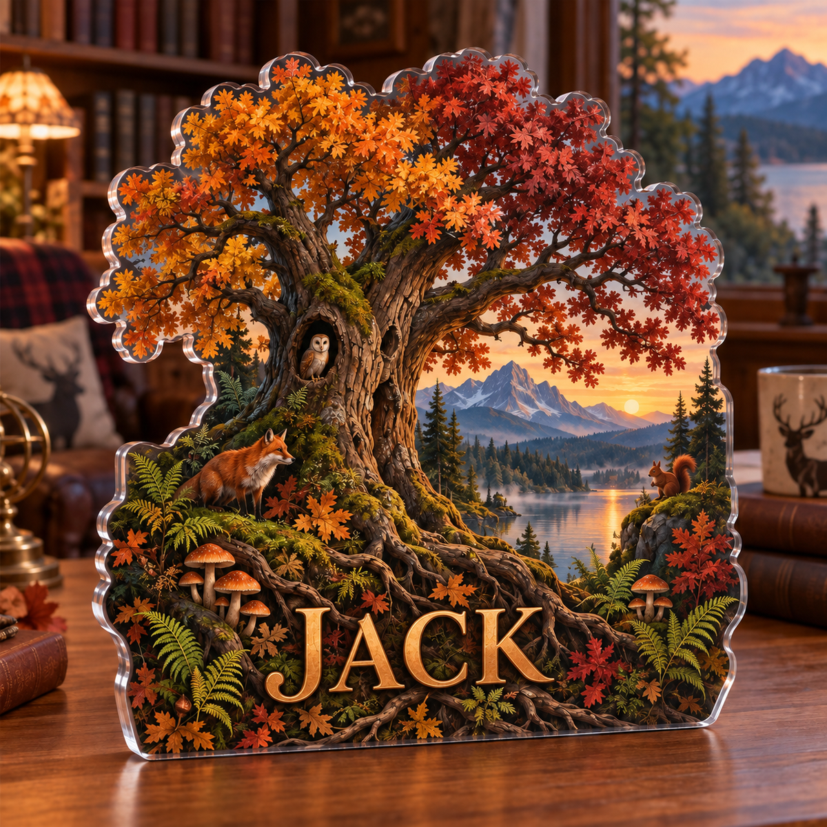 Artwork visualization: Autumn forest canopy — collector birthday keepsake, personalized JACK, subject-shaped acrylic with printed optical 3D depth; not carved relief.