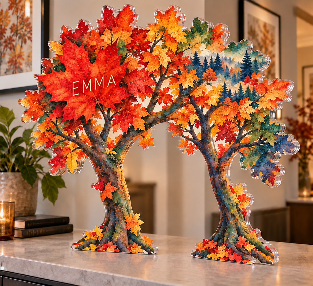 Personalized Autumn Forest Canopy — Apartment Gallery Wall acrylic plaque with an example name set into the artwork, digital preview