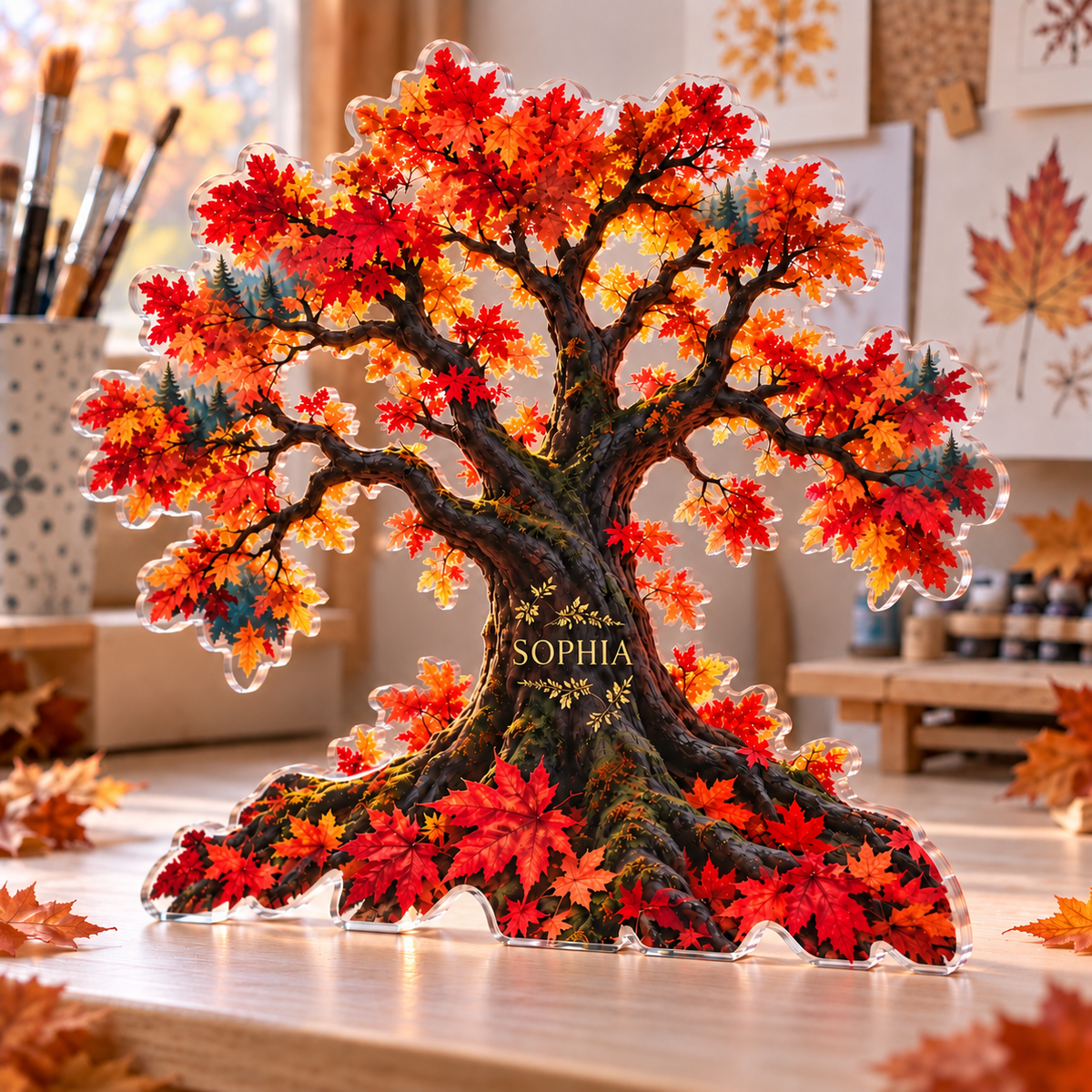 Personalized Autumn Forest Canopy — Hobby Studio Identity acrylic plaque with an example name set into the artwork, digital preview