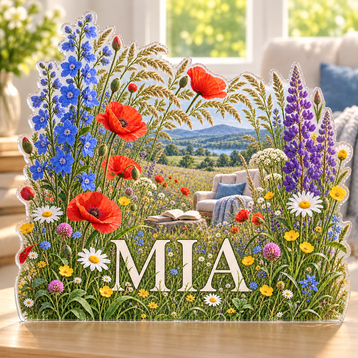 Artwork visualization: Wildflower meadow — reading nook decor, personalized MIA, subject-shaped acrylic with printed optical 3D depth; not carved relief.