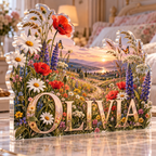 Artwork visualization: Wildflower meadow — bedroom statement decor, personalized OLIVIA, subject-shaped acrylic with printed optical 3D depth; not carved relief.