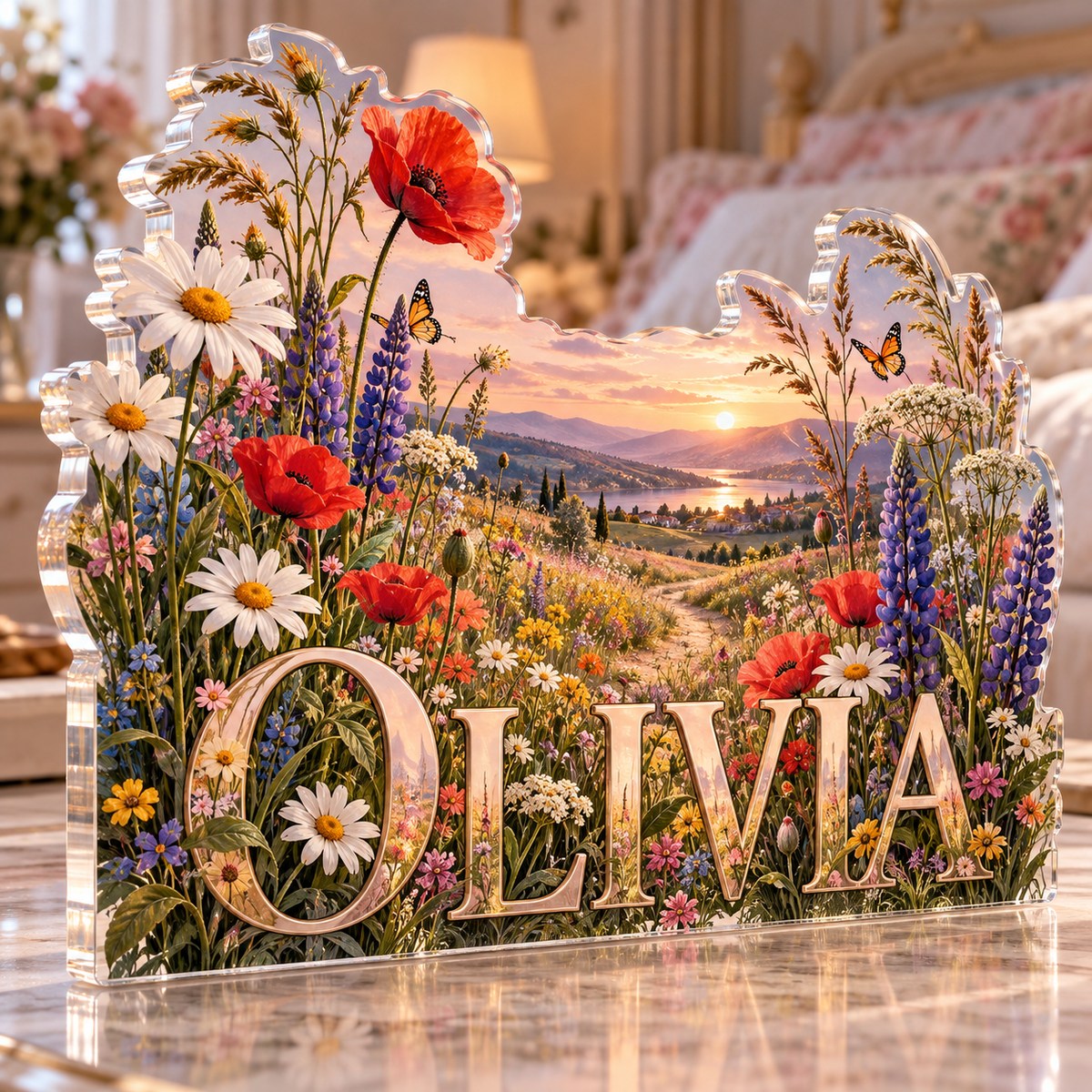 Artwork visualization: Wildflower meadow — bedroom statement decor, personalized OLIVIA, subject-shaped acrylic with printed optical 3D depth; not carved relief.