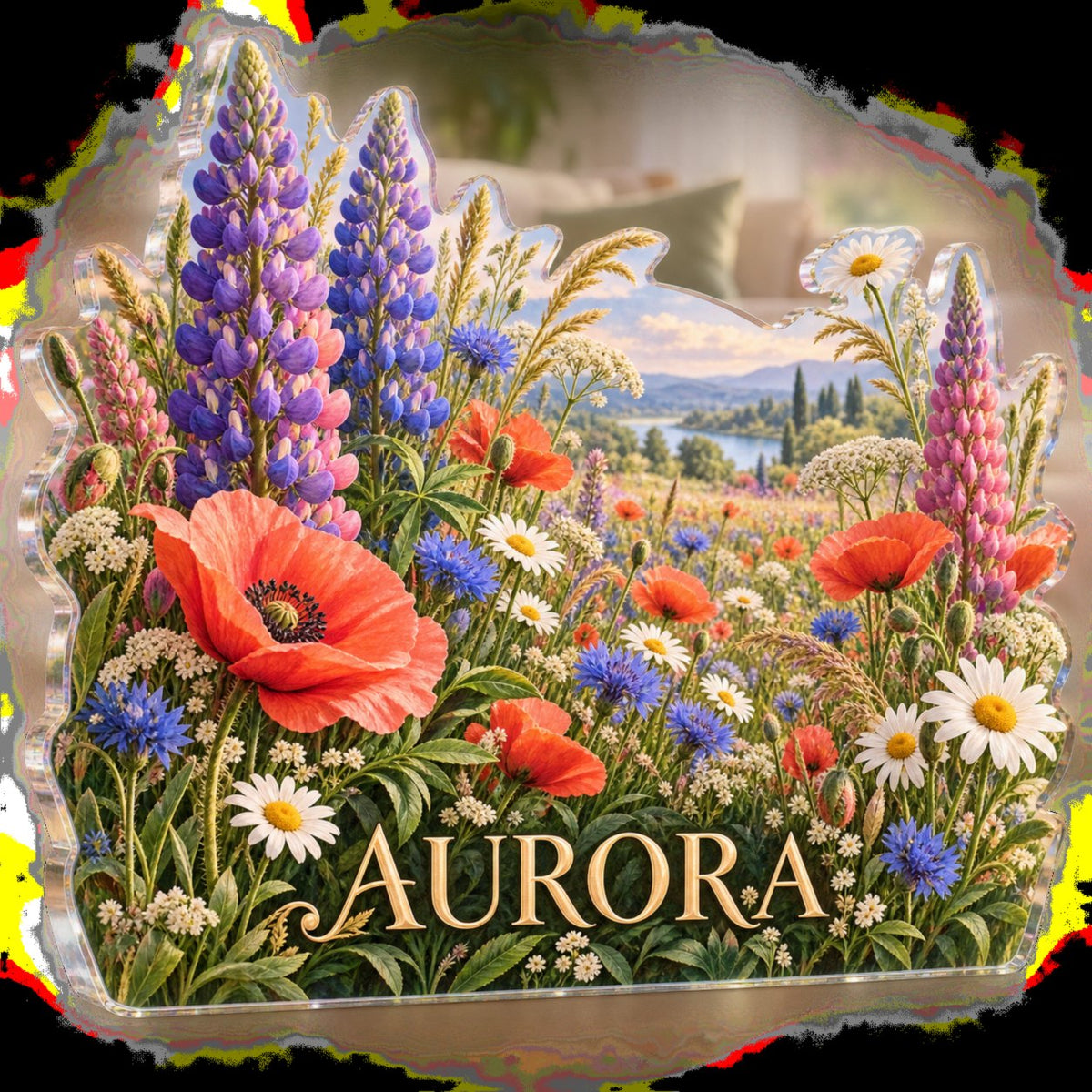 Personalized Wildflower Meadow Living Room Focal Point custom shape acrylic plaque with an example name set into the artwork, digital preview