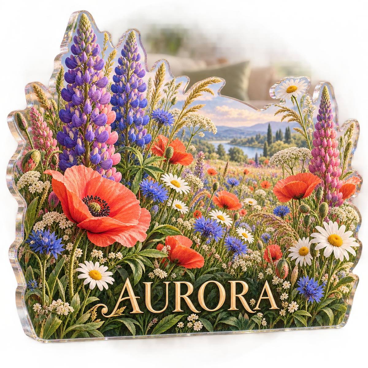 Artwork visualization: Wildflower meadow — living room focal point, personalized AURORA, subject-shaped acrylic with printed optical 3D depth; not carved relief.